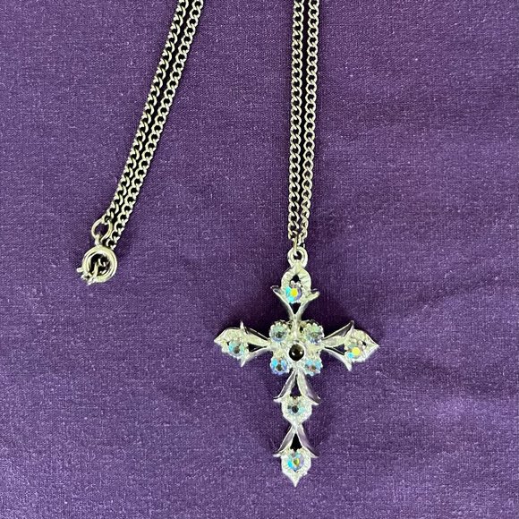 Silver-Tone Necklace w/Iridescent Crystal Cross - Picture 2 of 4
